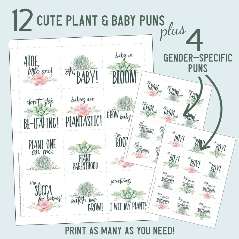 Baby Shower Plant Pun Tag Set, Succulent Theme, Printable