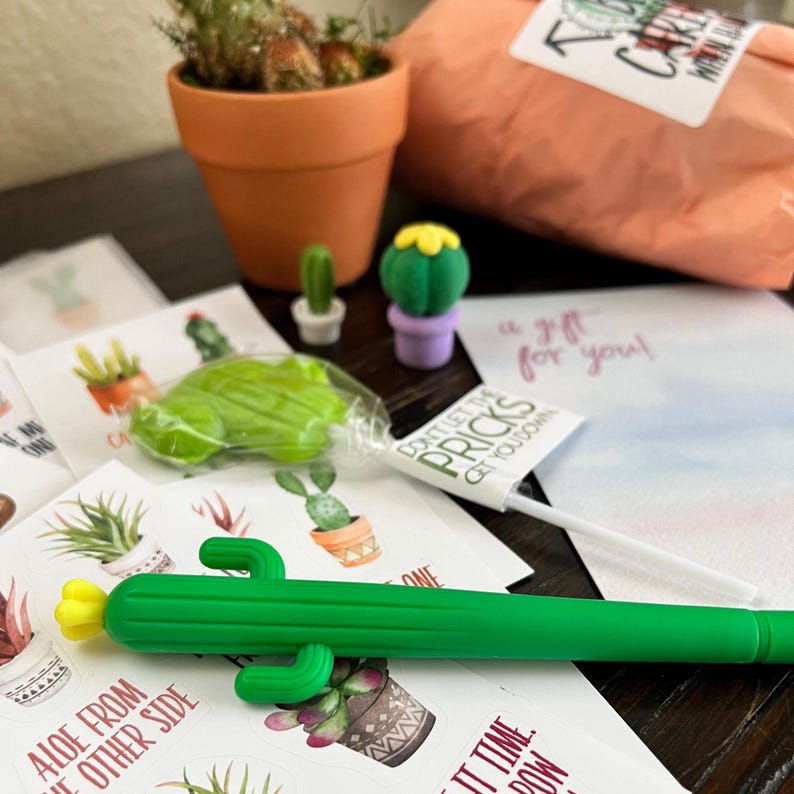May include: A selection of cactus-themed gifts, including a green cactus pen with a yellow flower, a cactus-shaped lollipop, and small cactus erasers. There is also a small terracotta pot with a cactus plant and stickers.