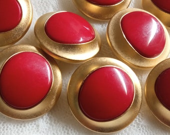 10 plastic buttons, 23 mm, matte gold and red, Italian manufacture vintage 1970s, round, red oval in the center