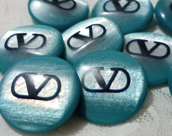 6 Valentino style plastic buttons, 23 mm Italy light blue striped marble effect, Italian vintage from the 1980s