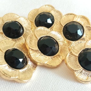 6 metal rhinestone jewel buttons 20 mm gold and black, authentic vintage Italian 90s rhinestone