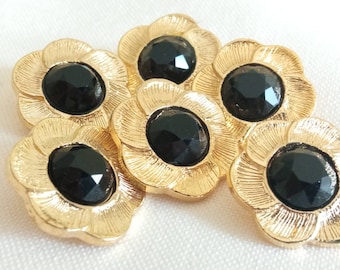 6 Bottoni  gioiello metallo strass 20 mm  oro e nero, autentico vintage italiano anni 90 rhinestone