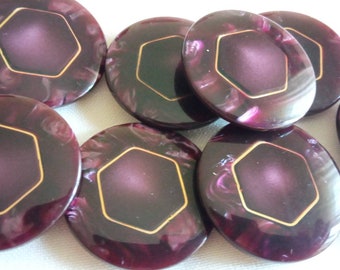 8 Round plastic buttons, imitation marble, 34 mm burgundy pearlescent, a hexagonal motif in the center, jacket button, fur