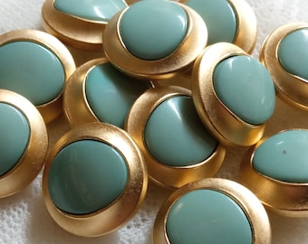 10 Plastic buttons, 15 mm, matt light gold and tiffany green, Italian vintage 1970s, round with colored oval in the centre, light