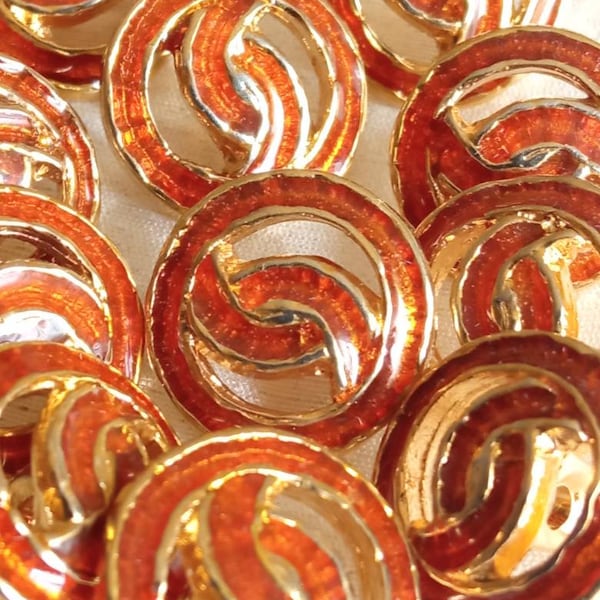 10 gold and orange enamel metal buttons, 15 mm, Italian production, 1990s vintage