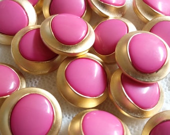 10 Plastic buttons, 15 mm, matt light and pink gold, Italian vintage 1970s, round with colored oval in the centre, very light