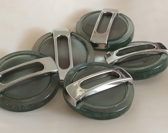 5 plastic buttons, 28 mm, with shank, 90s transparent light green with a silver insert, shiny