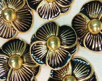 3 golden metal buttons, 34 mm, decorative flower-shaped, flat, with shank, gold and brown colour, Italy vintage 90s