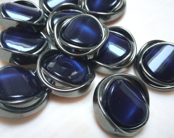 6 plastic buttons, 28 mm, with shank, 80s platinum and dark blue, unique buttons 3 cm