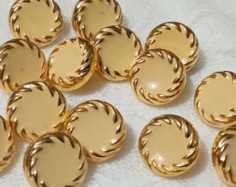 12 piccoli bottoni 13 mm, oro e giallo, dorati, di plastica, 1 cm, rotondi, vintage Italia anni 1980, leggeri, piatti con gambo, per camicie