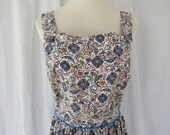 Vintage 50s 60s Floral Halter Gathered Fit Flared Dress M White Blue Purple Brown Seersucker Cotton Shoulder Straps Retro Lolita Glam Garb