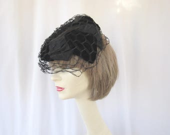 Vintage 40s 50s Black Velvet Half Hat: Satin Veil Headpiece Costume | read description