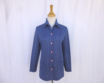 Vintage 70s Faux Denim Knit Shirt: Italian Collar, Polyester Blouse, Pockets Retro | read description