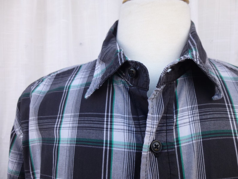 Vintage 80s 90s Wrangler 100/% Cotton Western Plaid Dress Shirt L Black Green Check Striped Long Sleeve Pockets Rodeo Riding Cowboy Glam Garb