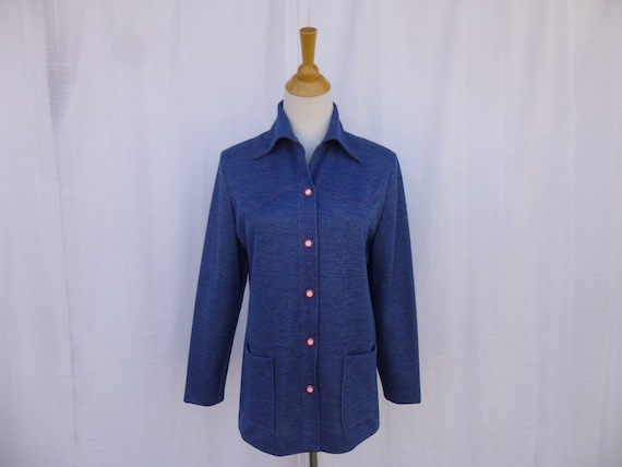 Vintage 70s Faux Denim Jersey Knit Polyester Jean… - image 1