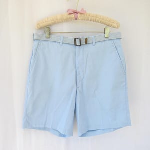 Vintage 70s Chambray Bermuda Shorts: Light Blue Cotton Blend, Belted, Size 32 | read description