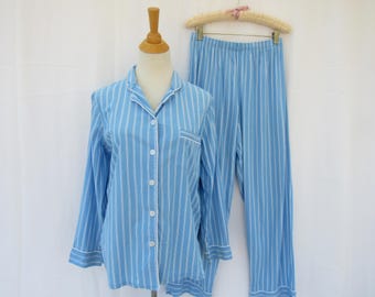 Vintage 70s 80s National Striped Pajama Set: Cotton Blend Nightshirt, Long Pants | read description