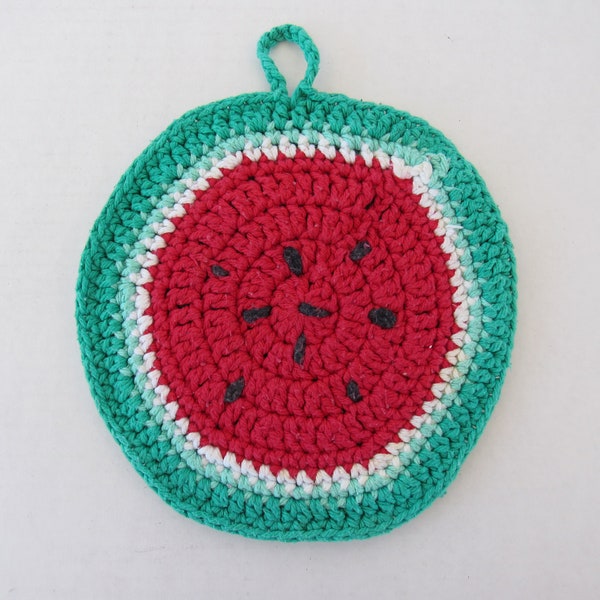 Vintage 60s 70s Watermelon Hand-Crocheted Cotton Round Cooking Potholder Hot Pad Trivet Cup Mug Coaster Retro | read description | Glam Garb