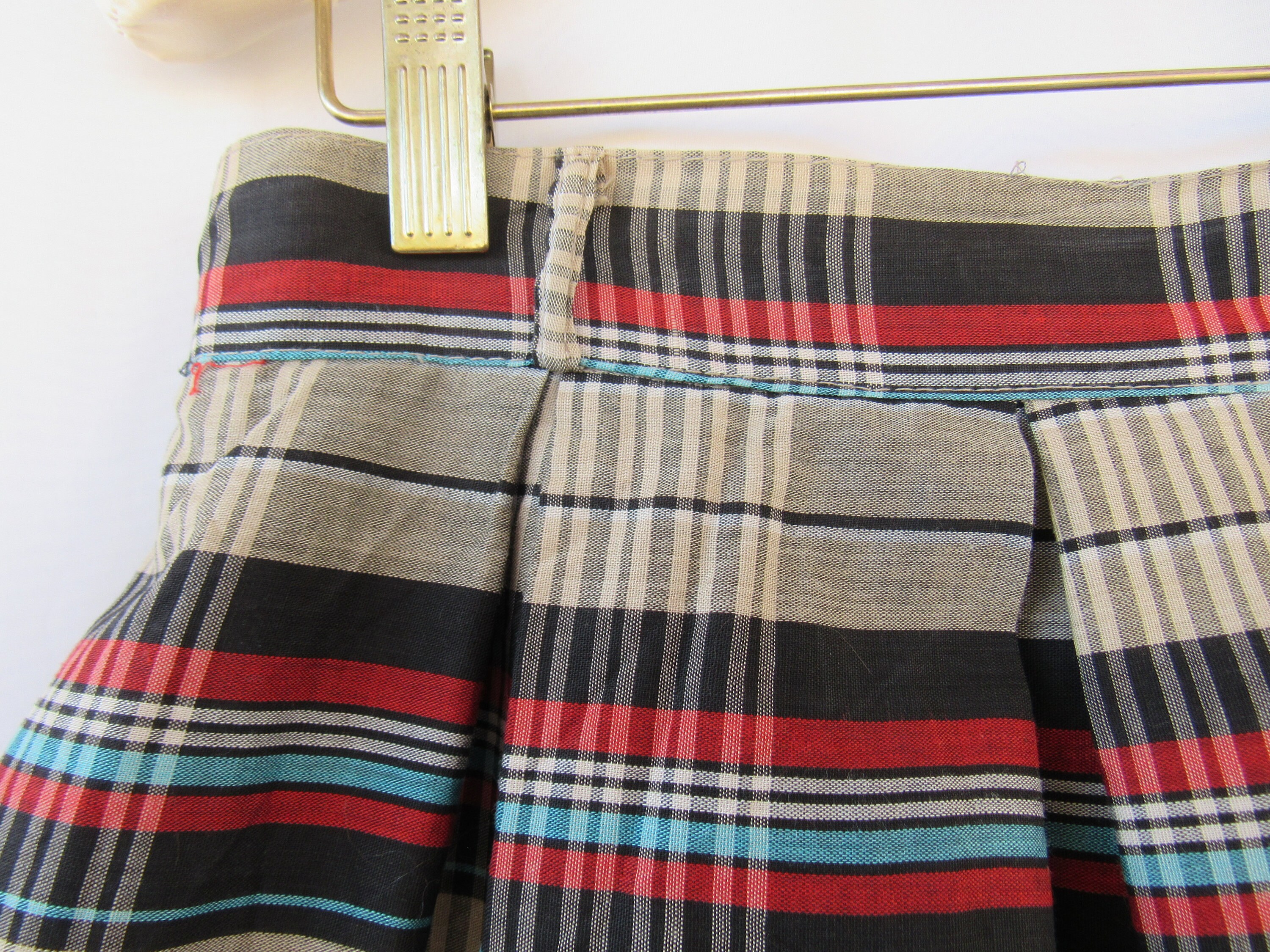 Vintage 40s 50s Plaid Woven Cotton Box Pleated Flared Midi