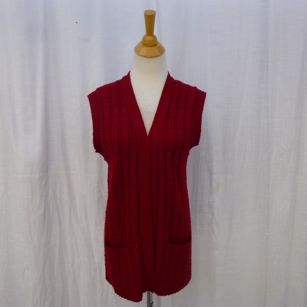 Vintage 70s Sears Textured Knitted Long Sweater Vest M Burgundy Red Orlon Acrylic Rib-Knit Pockets Boho Retro | read description | Glam Garb
