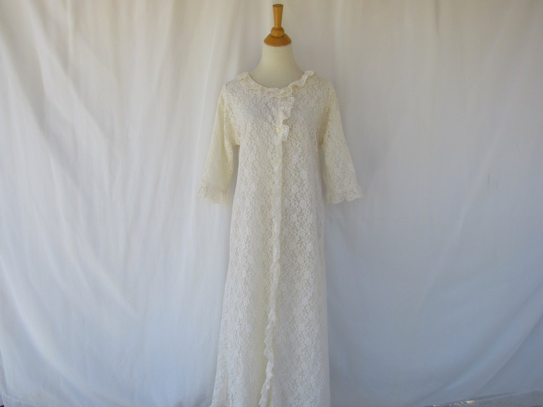 Vintage 50s 60s Lounge Craft Lacy Frill Ruffle Buttoned Maxi Long ...