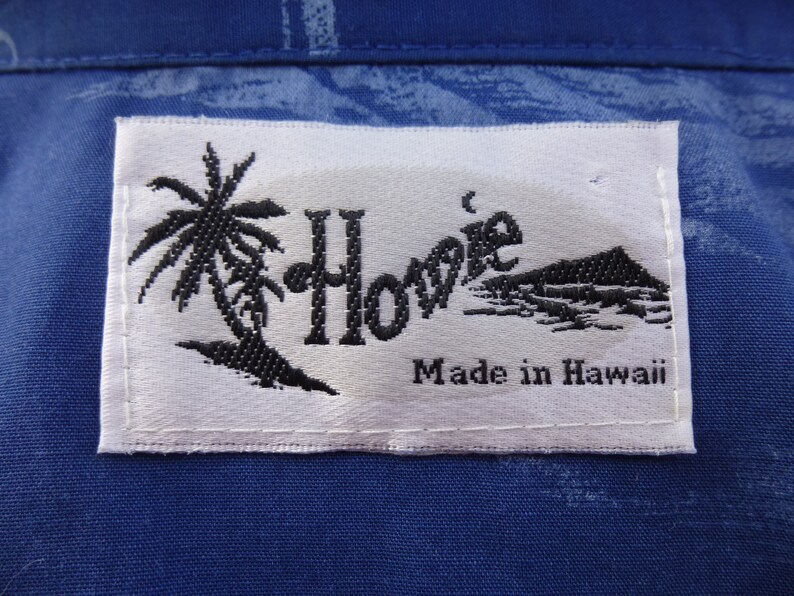 Vintage 60s Howie Hawaiian Islands Aloha Hawaii Dress Shirt L Blue Short Sleeve Palm-Tree Floral Retro Polynesian USA Hipster Boho Glam Garb