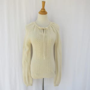 Vintage 70s Jeanne Pierre Cable Knit Lambswool Angora Raglan Pullover Sweater, Drawstring | read description