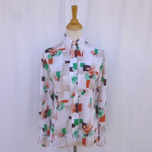 Vintage 70s Kokobay Floral Geometric Blouse: Pointed Collar Knit Shirt Retro Disco | read description