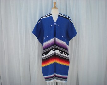 Vintage 80s 90s Aztec Striped Poncho Blanket Unisex OSFA Blue Purple Red Stripes Southwestern V-Neck Fringed | read description | Glam Garb