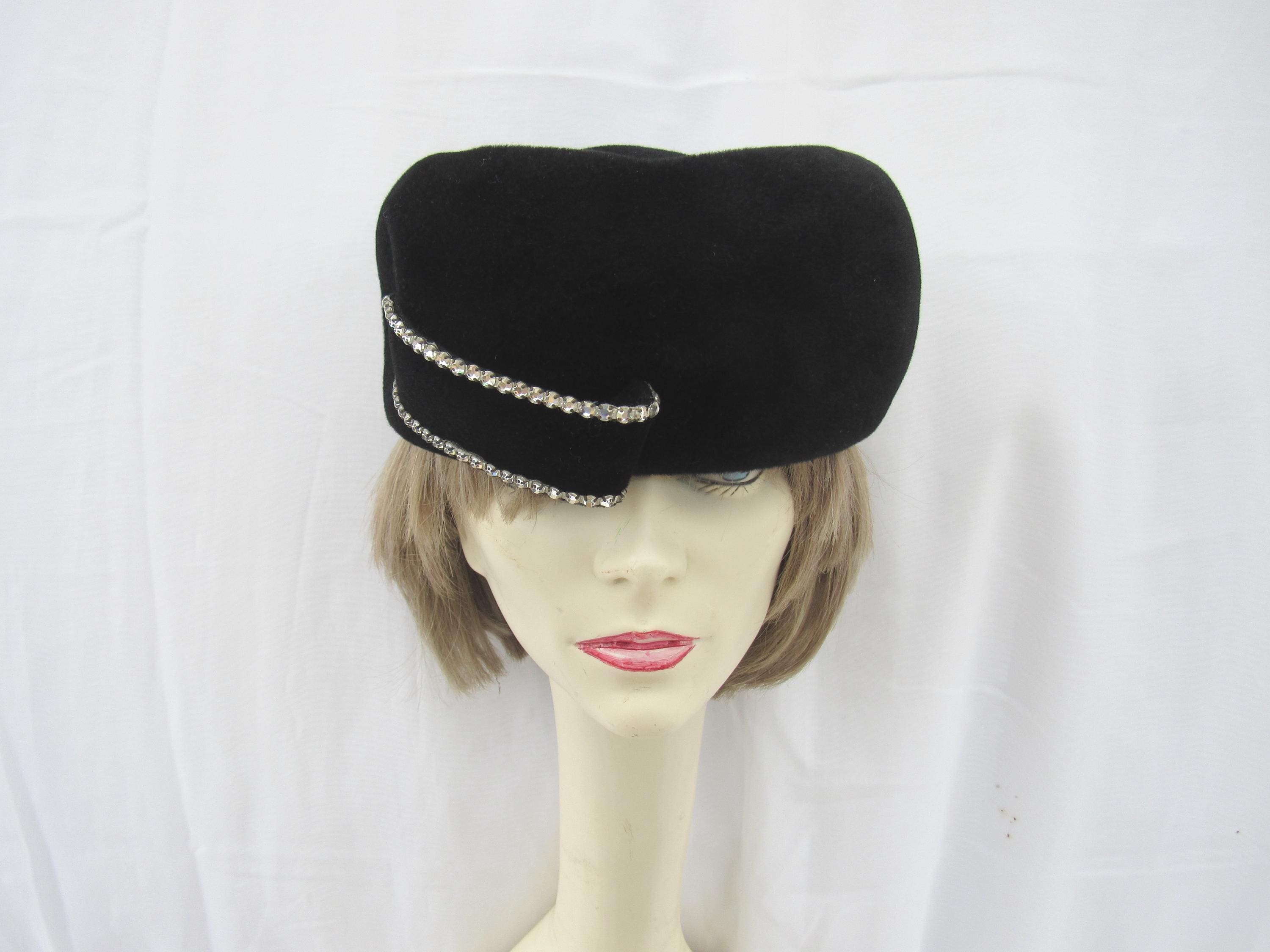 1950s black velvet cap embellished with sequins faux jewels faux pearls Vintage Hat Black Velvet Sequins and Pearls - Etsy main image 2