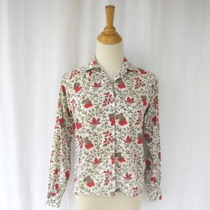 Vintage 50s 60s Macshore Classics Leaflets Floral Print Woven Cotton Blouse Short Shirt 13 34 Retro Feminine | przeczytaj opis | Glam Garb