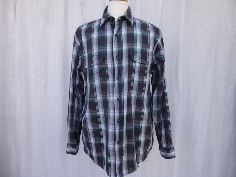 Vintage 80s 90s Wrangler 100/% Cotton Western Plaid Dress Shirt L Black Green Check Striped Long Sleeve Pockets Rodeo Riding Cowboy Glam Garb