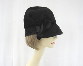Vintage Laura Ashley Black Velvet Cloche Hat with Ruffled Band Detail Black Velvet Cloche Hat ~ Vintage 1950s Ladies Soft Velvet  main image 4