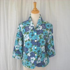 Vintage 60s Donnykenny Floral Cotton Blazer: Turquoise Retro Jacket Feminine | read description