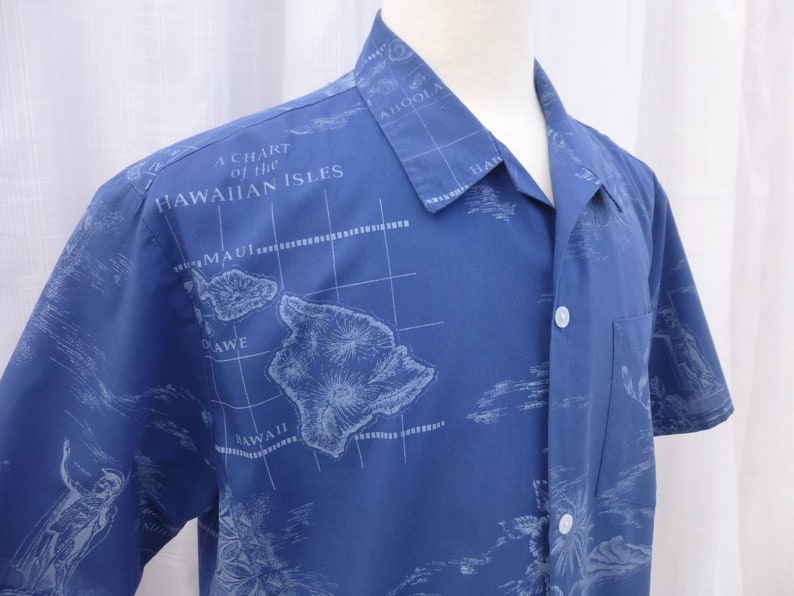 Vintage 60s Howie Hawaiian Islands Aloha Hawaii Dress Shirt L Blue Short Sleeve Palm-Tree Floral Retro Polynesian USA Hipster Boho Glam Garb