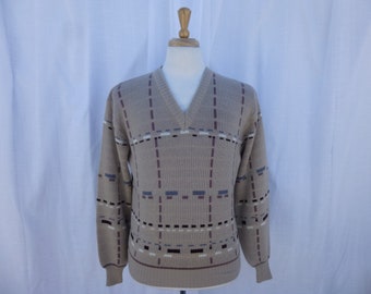 Vintage 70s 80s Kennington California Geometric Striped V-Neck Pullover Sweater L Beige Grey Brown Knit Retro | read description | Glam Garb