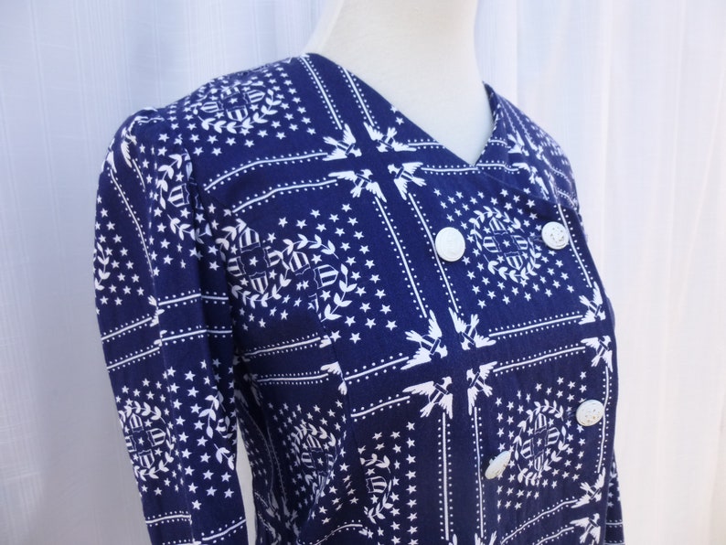 Vintage 60s Gigette Nautical Eagle Crest Star Emblem Geometric Print Cotton Double Buttoned Navy Blouse Retro read description Glam Garb image 5