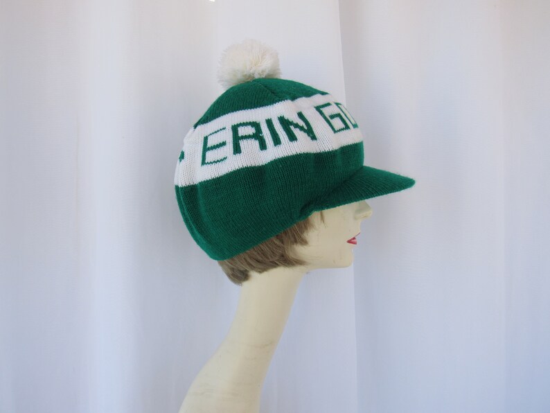 Glam Garb read description Vintage 80s 90s Erin Go Bragh Clover Logo Irish Sports Knitted Cap Pom-Pom Tamer Brim Hat Ireland Forever