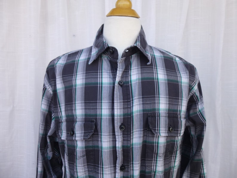 Vintage 80s 90s Wrangler 100/% Cotton Western Plaid Dress Shirt L Black Green Check Striped Long Sleeve Pockets Rodeo Riding Cowboy Glam Garb