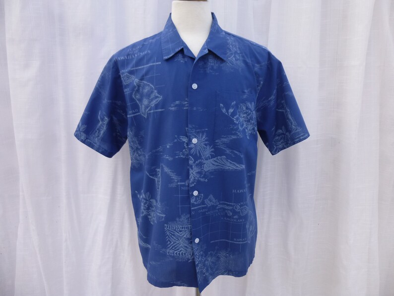 Vintage 60s Howie Hawaiian Islands Aloha Hawaii Dress Shirt L Blue Short Sleeve Palm-Tree Floral Retro Polynesian USA Hipster Boho Glam Garb