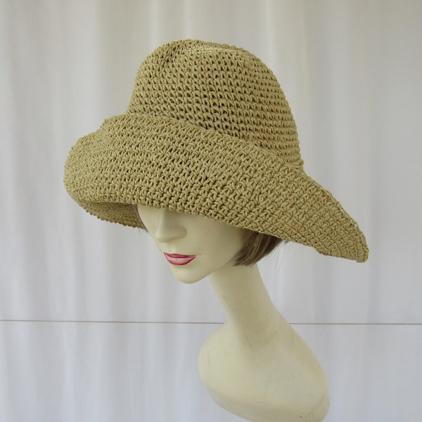 Vintage 90s Bead Trimmed Natural Paper Straw Flared Foldable Wide Brim Protective Sun Capeline Hat Retro Boho | read description | Glam Garb