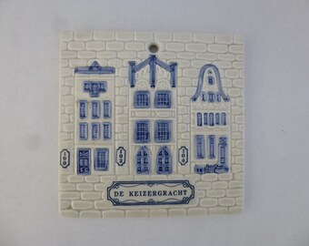 Vintage 80s 90s Delfe Blue Dutch De Keizergracht Hand-Painted Ceramic Tile Wall Hanging Coaster Trivet | read description | Glam Garb