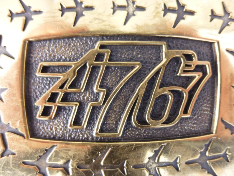 read description Glam Garb Vintage 70s Boeing 74767 BTS Brass Buckle Belt Square Heavy Sturdy Golden Metal Pilot Flying Airplanes Retro