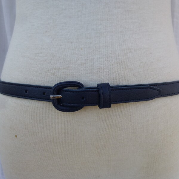 Vintage 70s 80s Nautical Pleather Narrow Slim Buckle Waist Sash Belt Navy Blue Faux Leather Retro Hipster | read description | Glam Garb