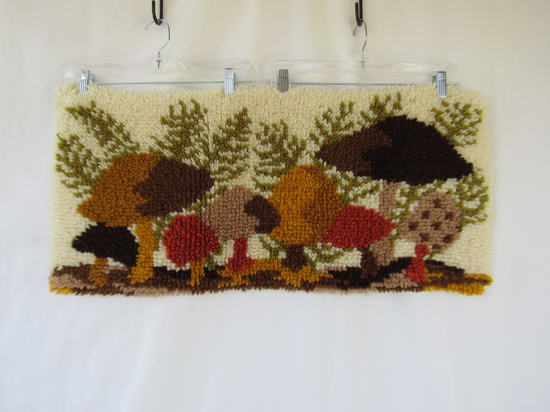 Vintage 80s Mushrooms Latch Hook Yarn Handwoven Tapestry Wall Etsy