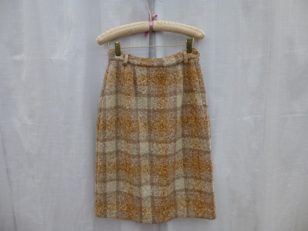 Vintage 60s Fancy Tweed Tartan Plaid Wool Fitted Straight Skirt Cream ...