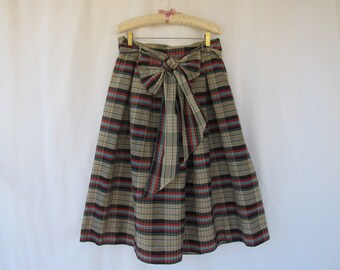 Vintage 40s 50s Plaid Woven Cotton Box Pleated Flared Midi Skirt Metal Zipper Mid-Century Retro Handmade USA | read description | Glam Garb