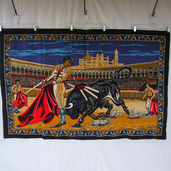 Vintage 70s Jennie G Matador Bullfighting Arena Scene 100% Cotton Textile Wall Tapestry Kitsch MCM Retro Mod | read description | Glam Garb