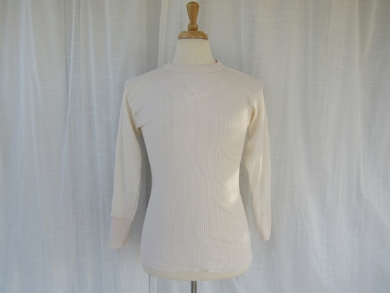 Vintage 70s Sportswear Thermal Shirt Cotton Undershirt Underwear Cream  Off-white Crew Neck Long Sleeve Retro Read Description Glam Garb 