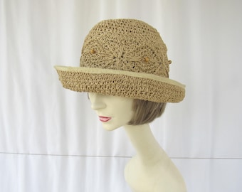 Vintage 90s Straw Sun Hat: Wide Brim Foldable Beach Hat, Beads Boho | read description